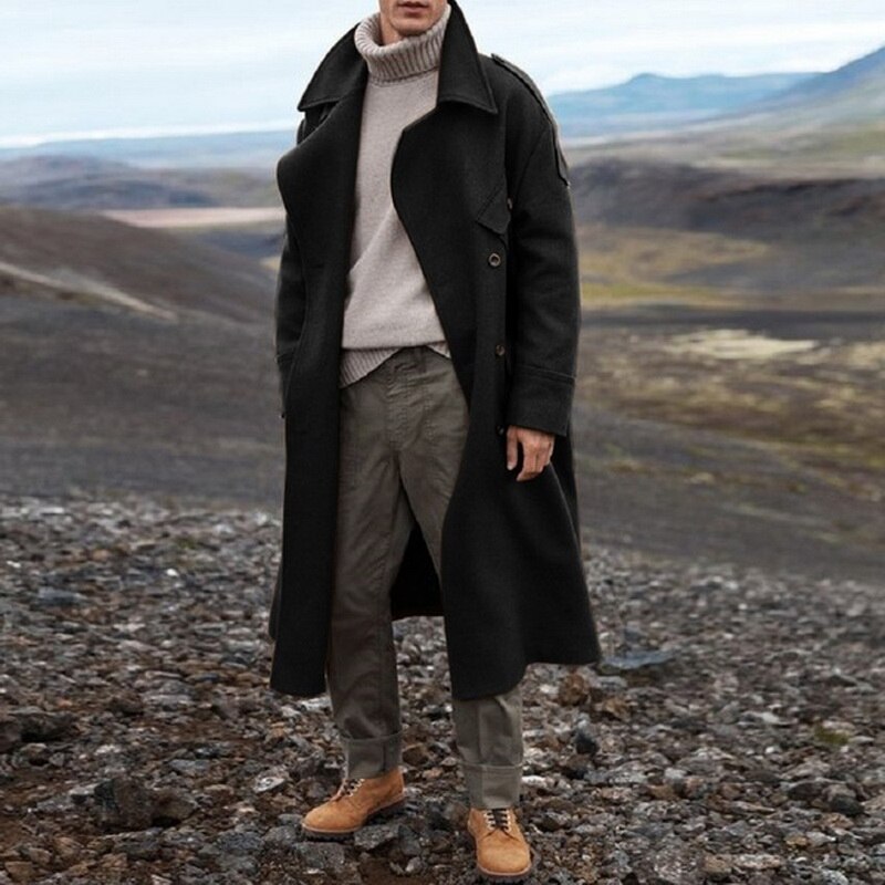 Kappa herr ledig lång jacka herr trenchcoat streetwear lång kappa herr solid herr vindjacka trenchcoat herr varm överrock: Svart / L