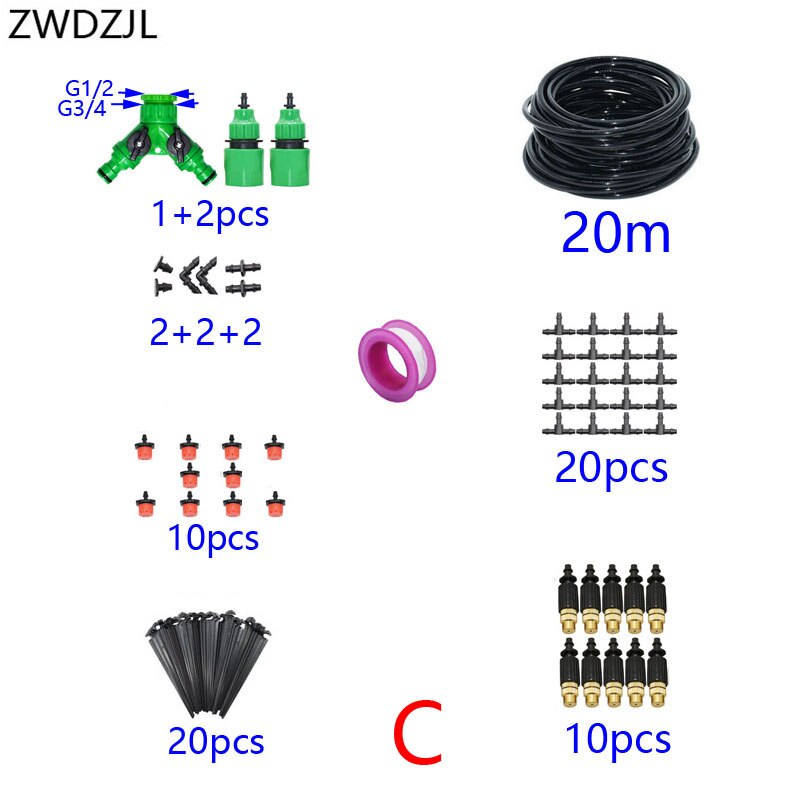 Automatic irrigation system DIY watering kit 2-way Drip irrigation system brass misting nozzle greenhouse garden watering 1 set: C