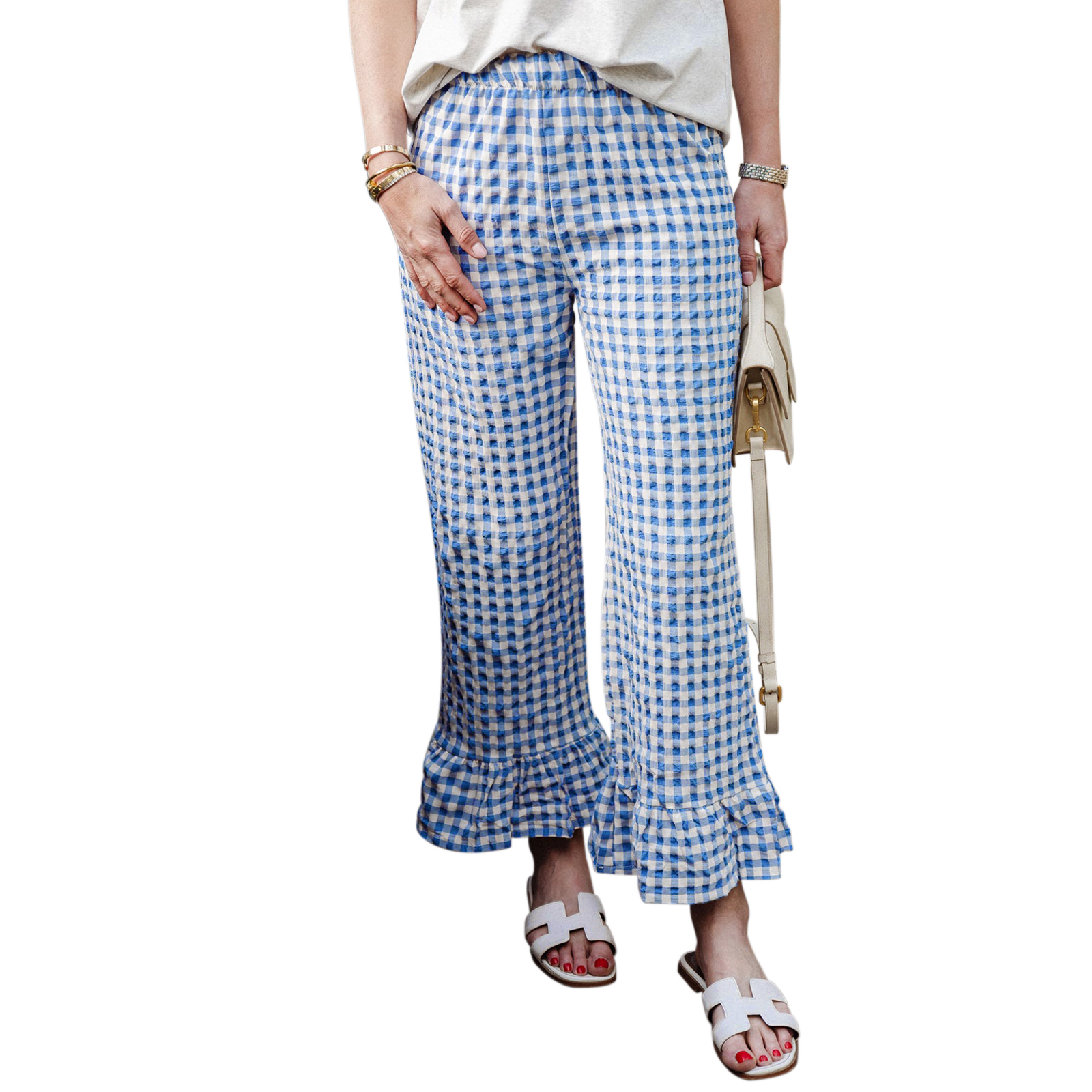 Damen Plaid Print Hose gekräuselte Beine elastischer Bund breites Bein locker lässig ziehen auf Hose: M / Blau