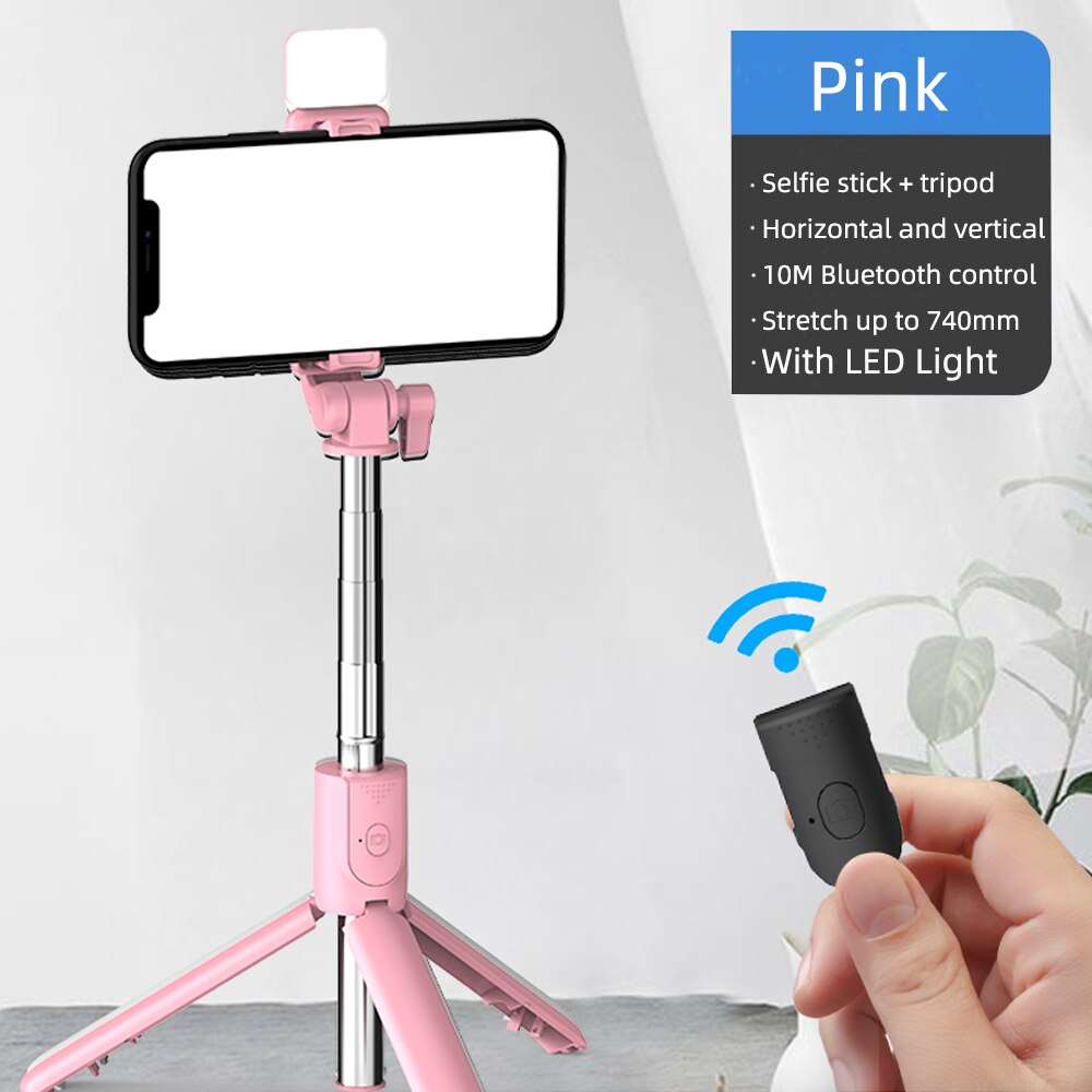Wireless bluetooth selfie stick foldable mini tripod with fill light shutter remote control Self-Timer Rod Stick: Pink with led