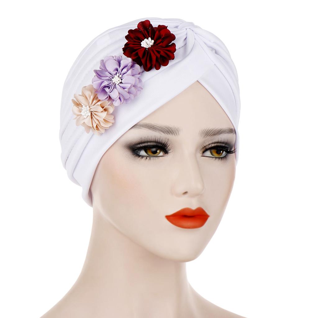 Las mujeres de flor sombrero turbante India sombreros musulmán quimioterapia por cáncer tapa sombrero abrigo indio sombrero falda gorros sombrero tapa: Blanco