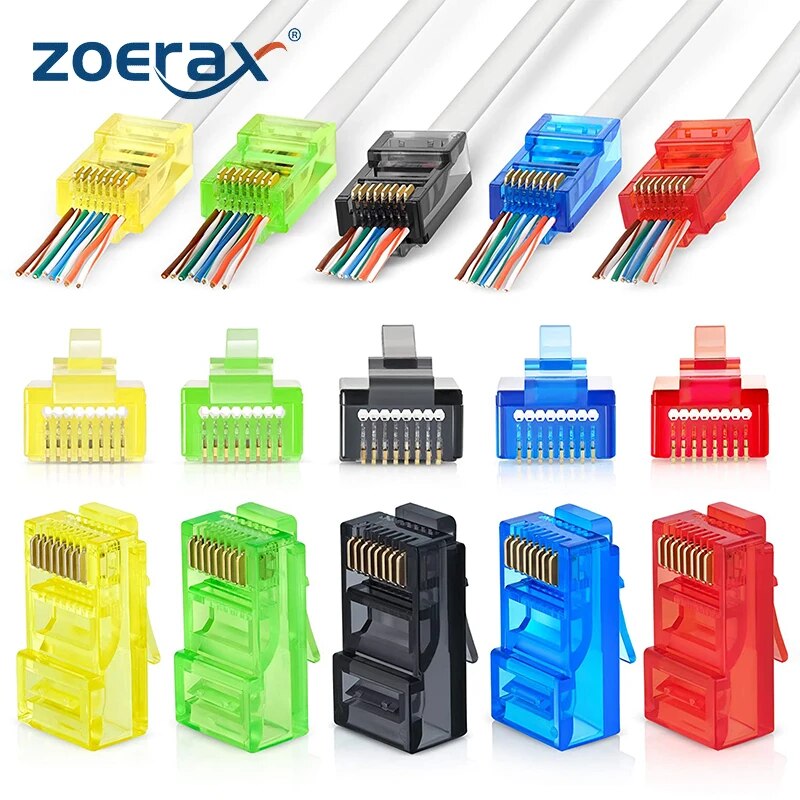 50 conectores passadores rj45 cat6, cores sortidas ez para crimpar plugue modular para cabo de rede utp sólido ou trançado