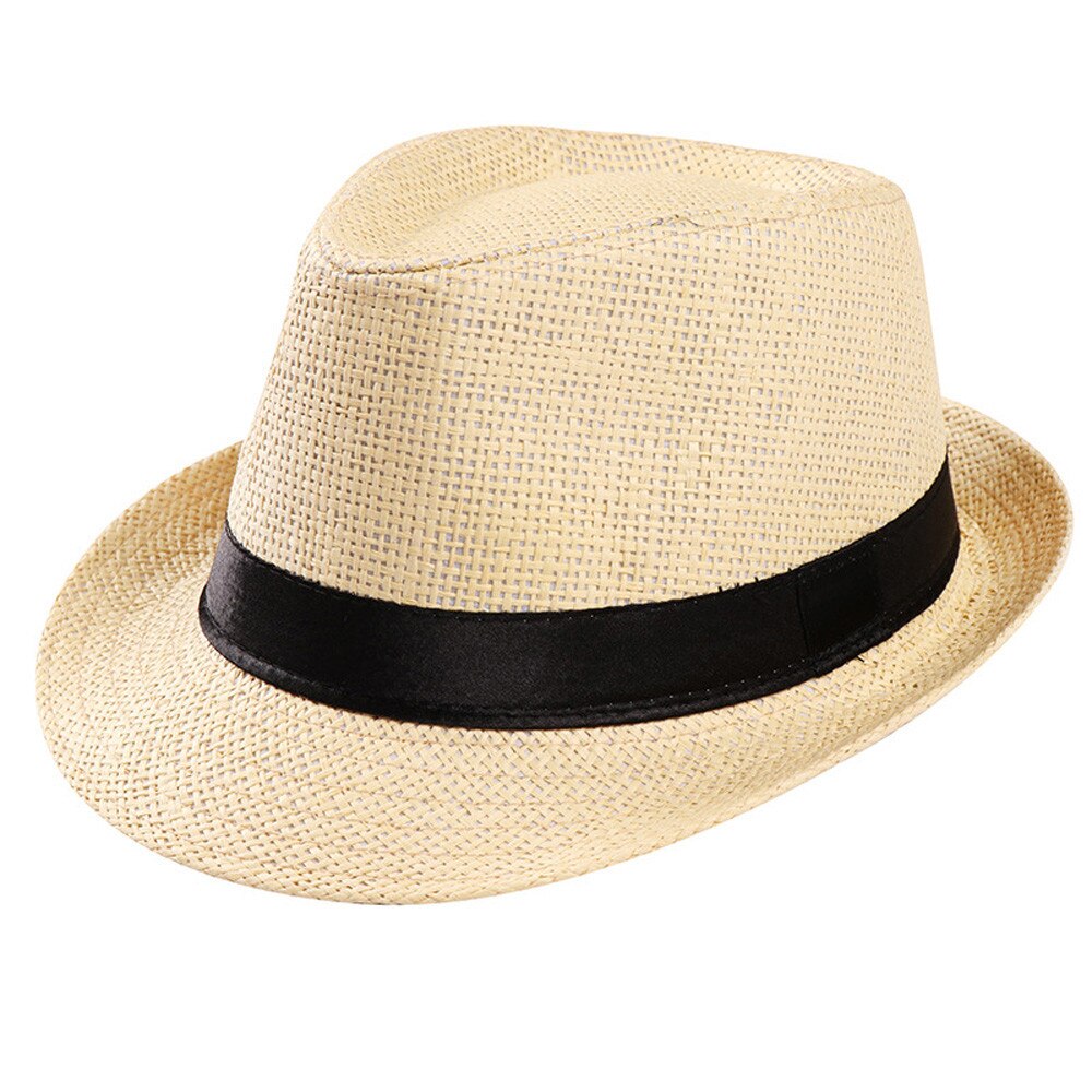 Sombrero de paja con banda para el sol para hombre y mujer, sombrero de gángster con contraste, para playa y verano: Beige 