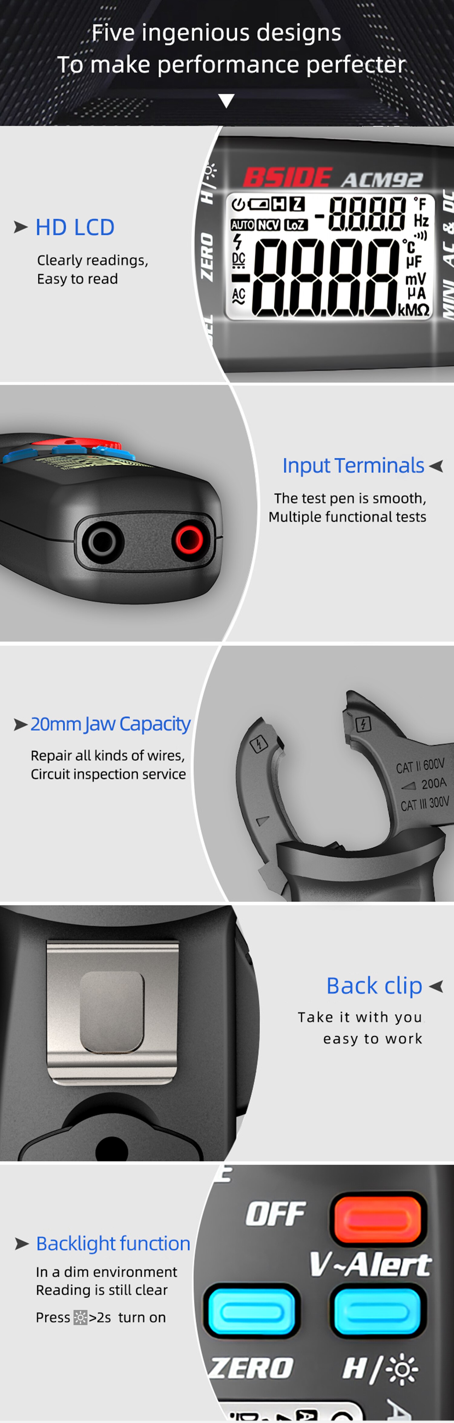 Digital Clamp Meter DC AC Current 100A 0.1/1mA Car repair Ammeter Multimeter voltage Ohm Hz NCV Continuity Tester BSIDE ACM92