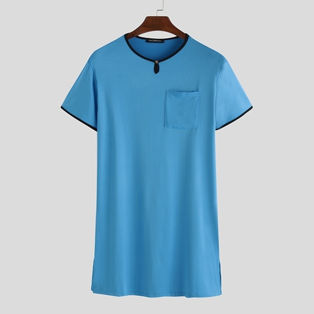 Men's Nightshirt Set Summer Loose Leisure Elastic Waist Men Sleepwear Cotton Men's Short Sleeve Nightwear Short Sleeve Top: blue / S