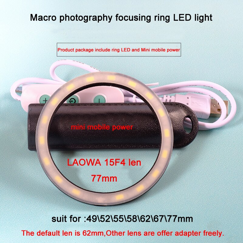 Macro Fotografie 62Mm Ring Led Licht Camera 58Mm Zoom Scherpstellen Lamp Dslr 77Mm Cirkel Flash Vullen Lichten met Mini Mobiele Power