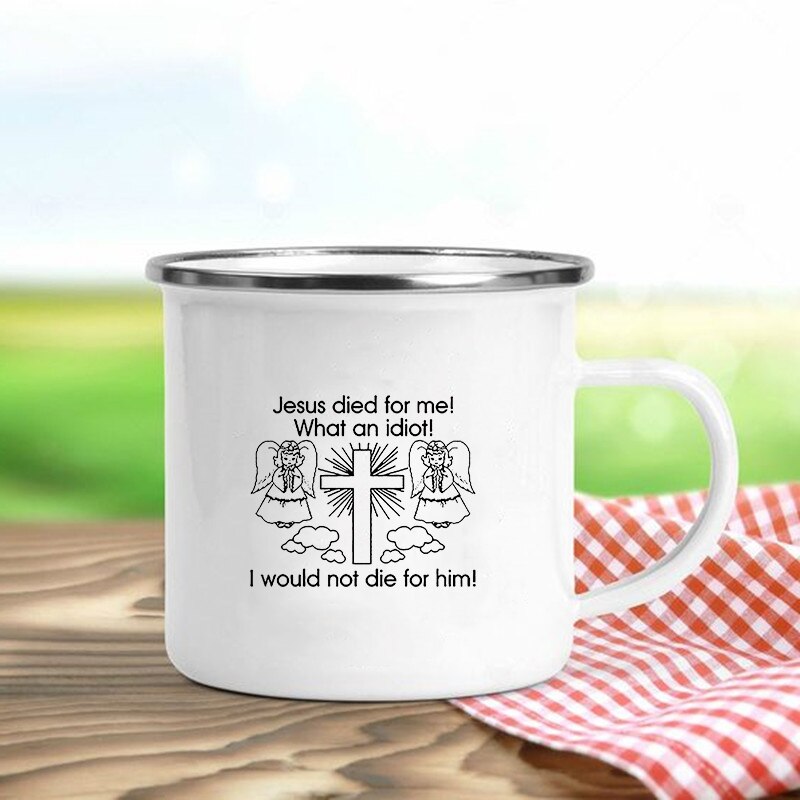 Jésus est dieu imprimer tasses en émail chrétien tasses à café boisson Dessert petit déjeuner lait tasse Vintage tasse poignée Drinkware: green