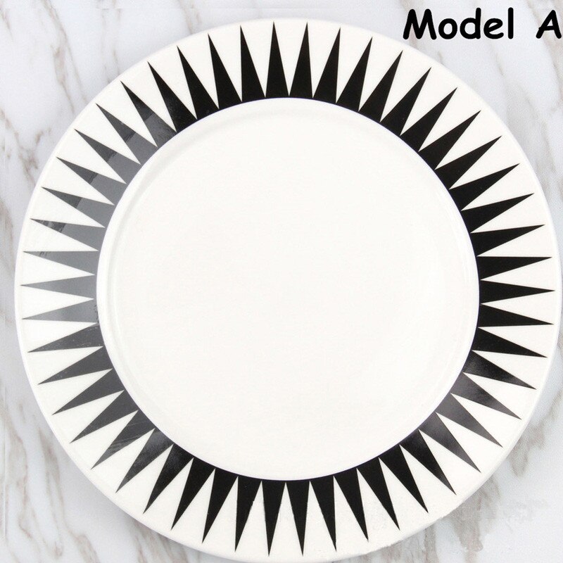 Assiette plate à figures géométriques, style simple, plat à salade, plateau à nourriture en céramique, assiette à pâtes, vaisselle, plat à petit-déjeuner, noir et blanc: Modèle a