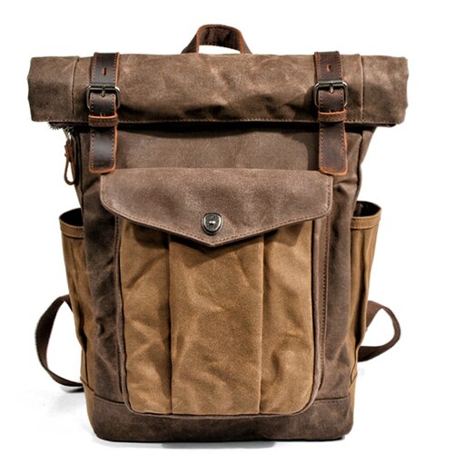 Outdoor Öl Gewachste Leinwand Leder Reise Rucksack männer Luxus Vintage Leinwand Rucksack Große Wasserdichte Rucksack Vintage Tasche: Dark brown