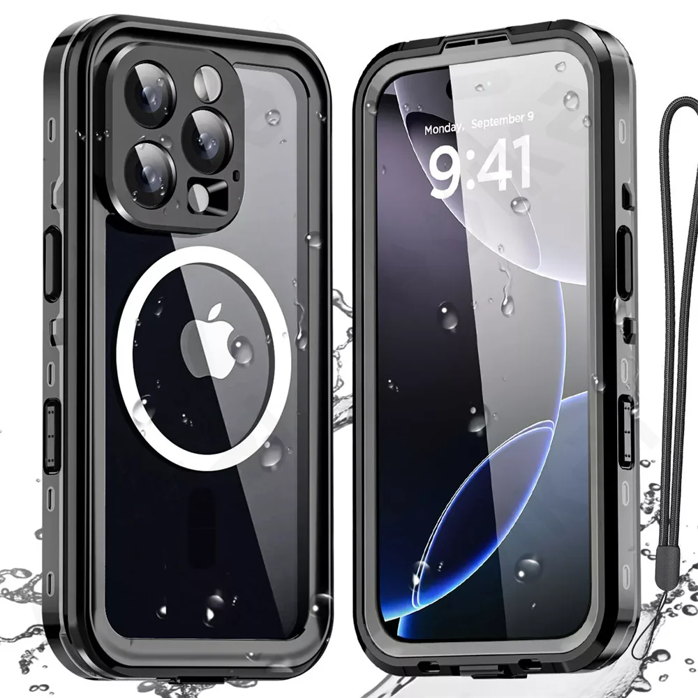Funda de teléfono magnética a prueba de agua IP68, adecuada para IPhone 16, 15, 14 Pro Max, Pro, 13Pro Max, protección de cuerpo completo, funda de teléfono a prueba de polvo