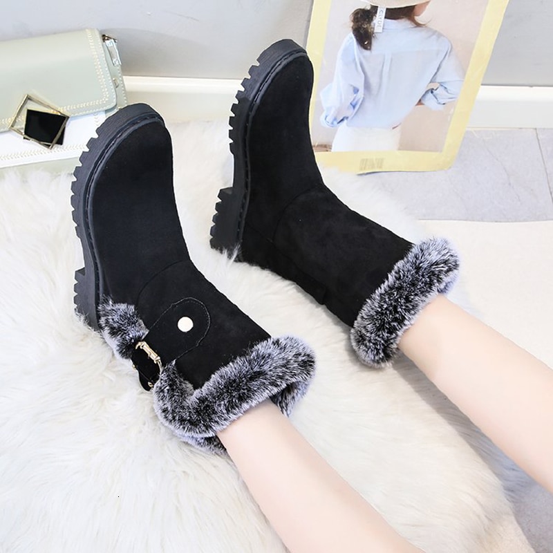 Botas de tobillo con plataforma plana para Mujer con hebilla de terciopelo para invierno Botas de nieve cálidas para Mujer zapatos cortos de felpa Botas de Mujer