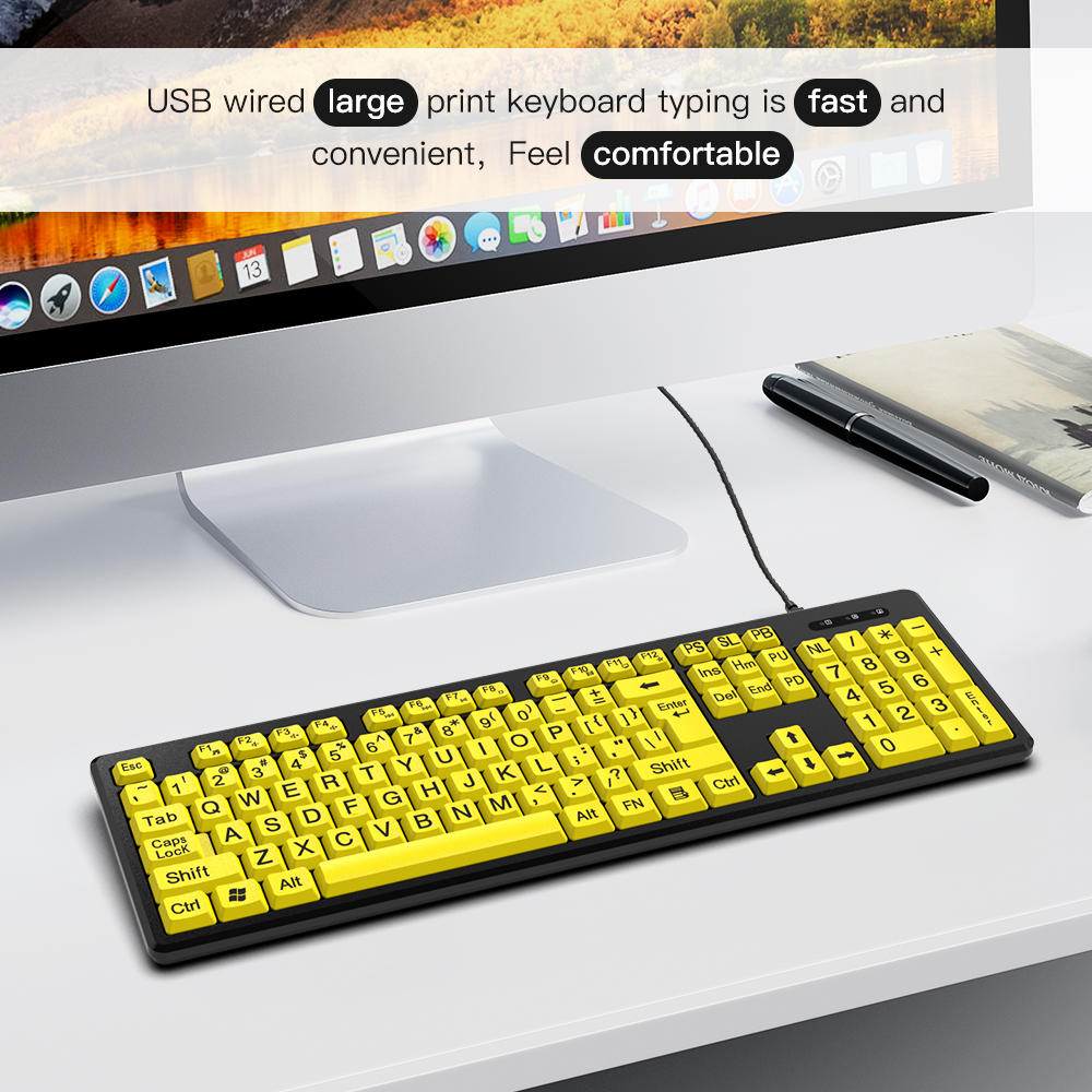 Black Large Print Yellow Buttons Keyboard USB Wired Keyboard for Seniors and Low Vision