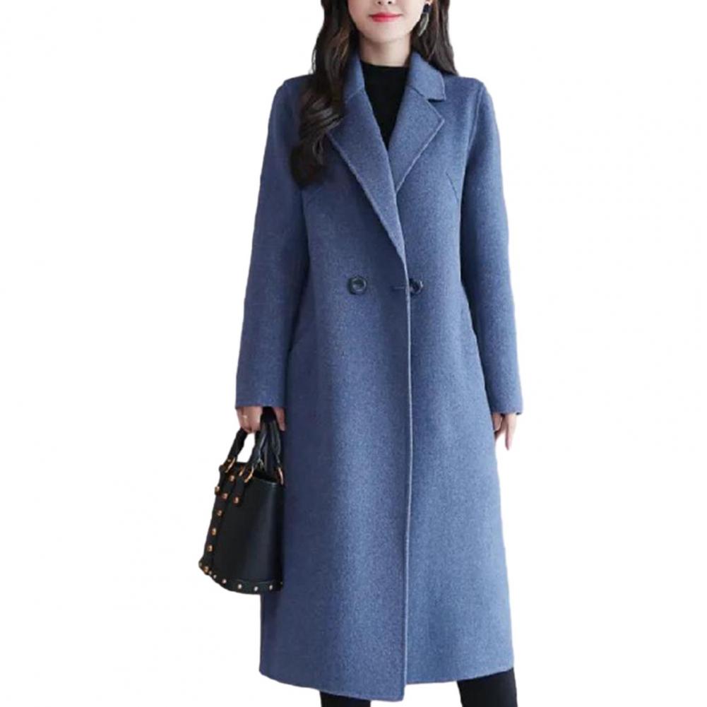 Casaco de lã monocromático feminino, Manga comprida, Dois botões, Bolsos, Lapela, Elegante, Casacos, Moda, Outono, Inverno: Outros / Azul