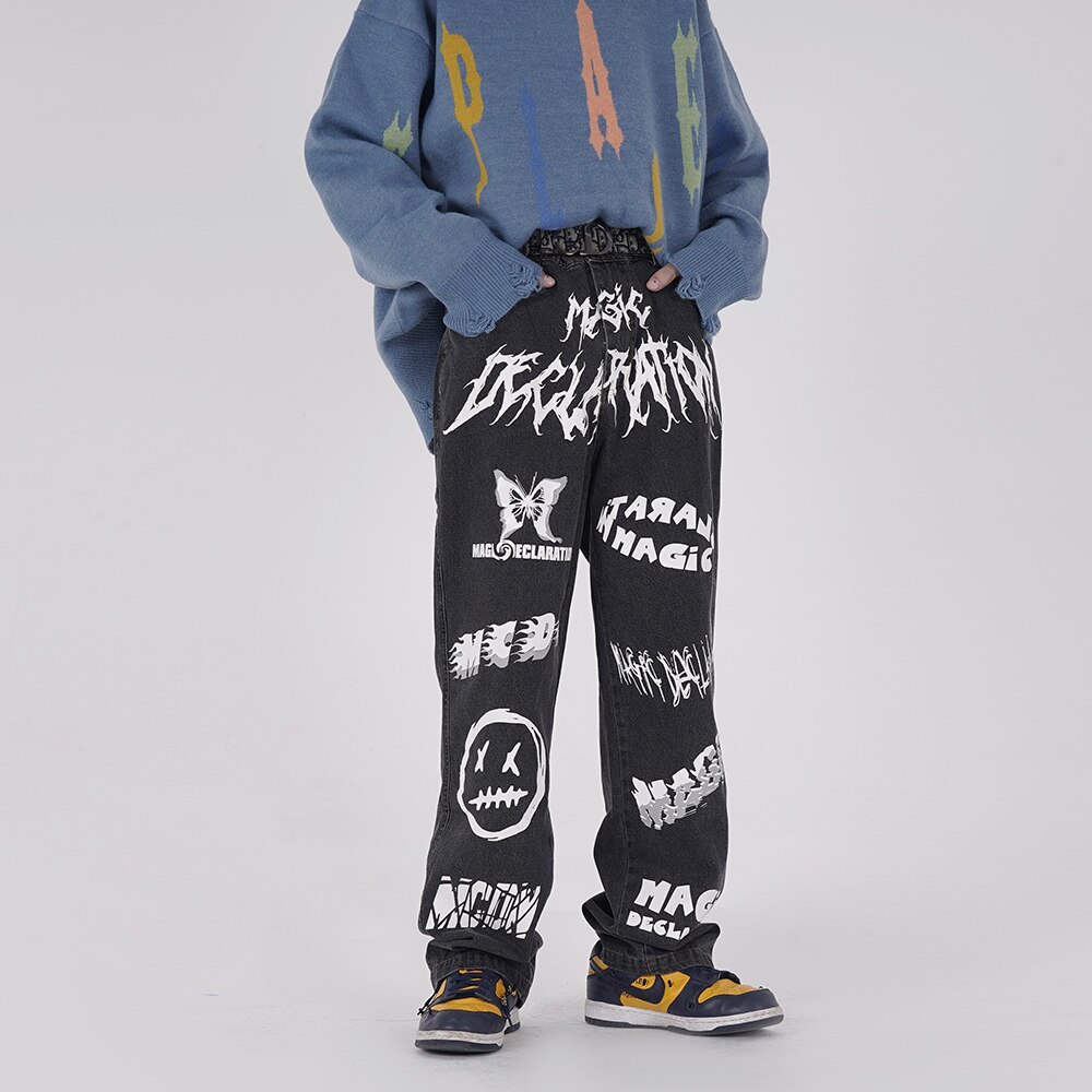 Spring Men's Clothes Graffiti Jeans Harajuku Hip hop Baggy Jeans Streetwear Black Goth trousers Y810