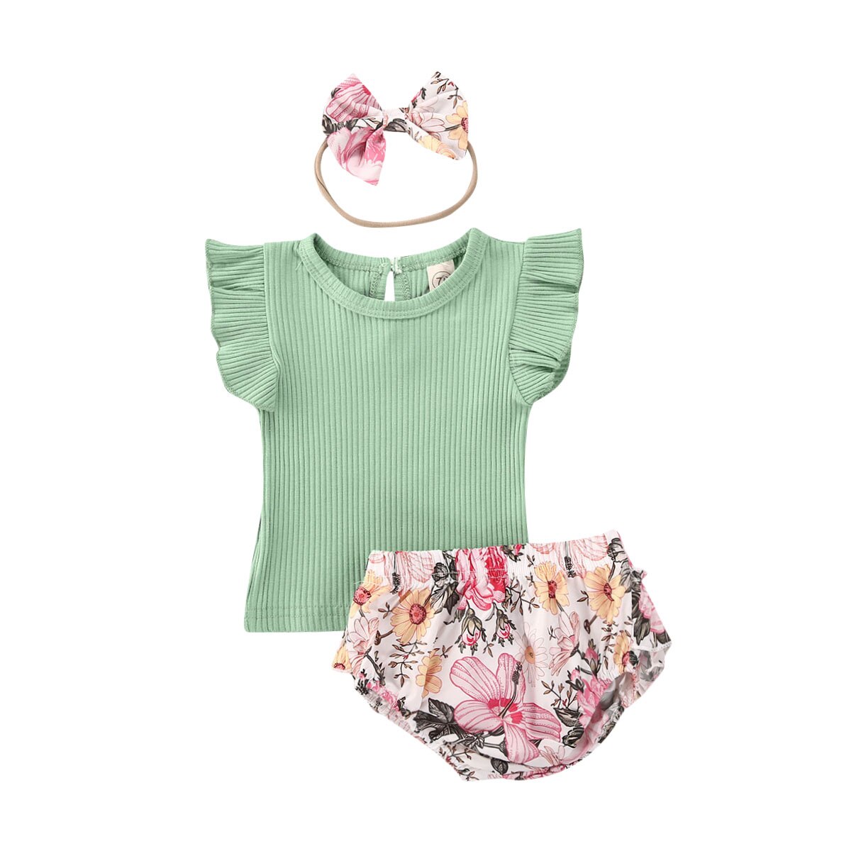 Enfant en bas âge bébé filles vêtements col rond coton à manches courtes T-shirt imprimé fleuri pantalon bandeau 3 pièces ensemble de tenue été: green / 12M