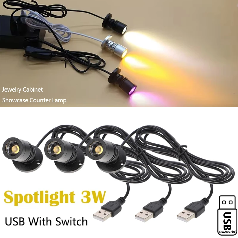 Spotlight USB 5V Led 3W Jewelry Cabinet Showcase Mini Spot Bench Lamp Ceiling Light Switch USB Interface Natural white Red Blue