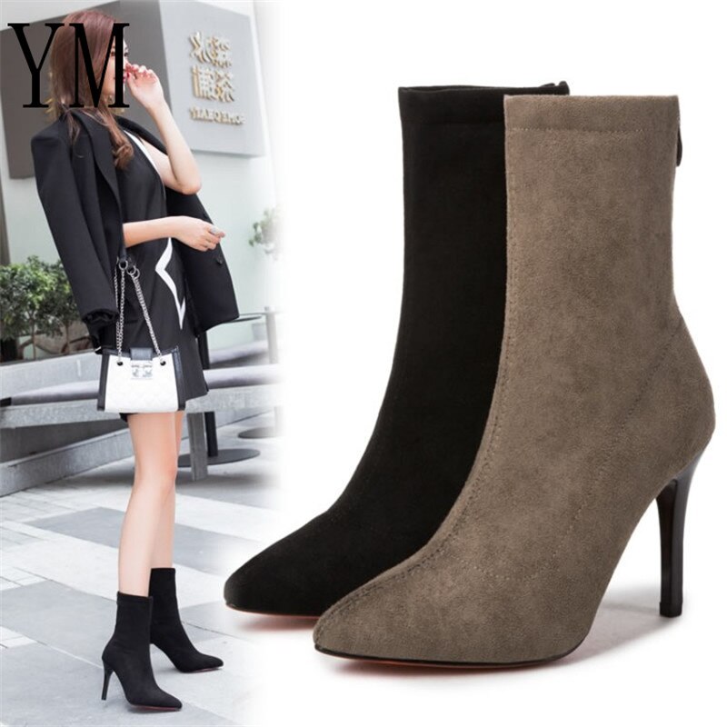 Dam sock boots spetsiga tå elastiska hög slip on häl hög ankel pumps stilett botas mujer höga boots zapatos muje