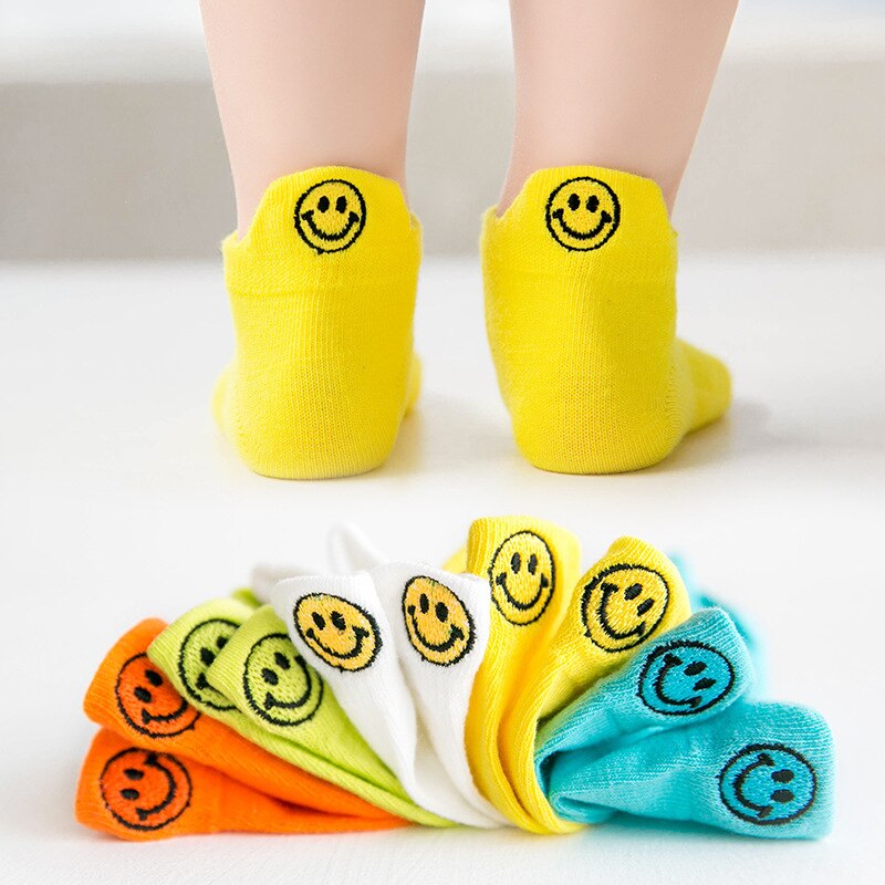 5 paires/lot dessin animé sourire broder multicolore maille coton été printemps -né garçon enfants chaussettes bébé filles chaussettes respirantes: 2-4 T