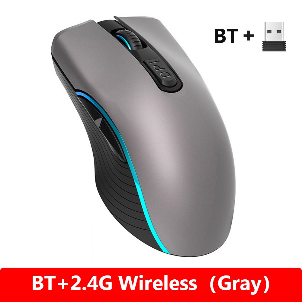 2.4G Bluetooth-compatible Wireless Mouse Rechargeable Silent Gaming Mouse For Macbook HP LED light Mice Computer PC Gamer Mouse: Gray with BT