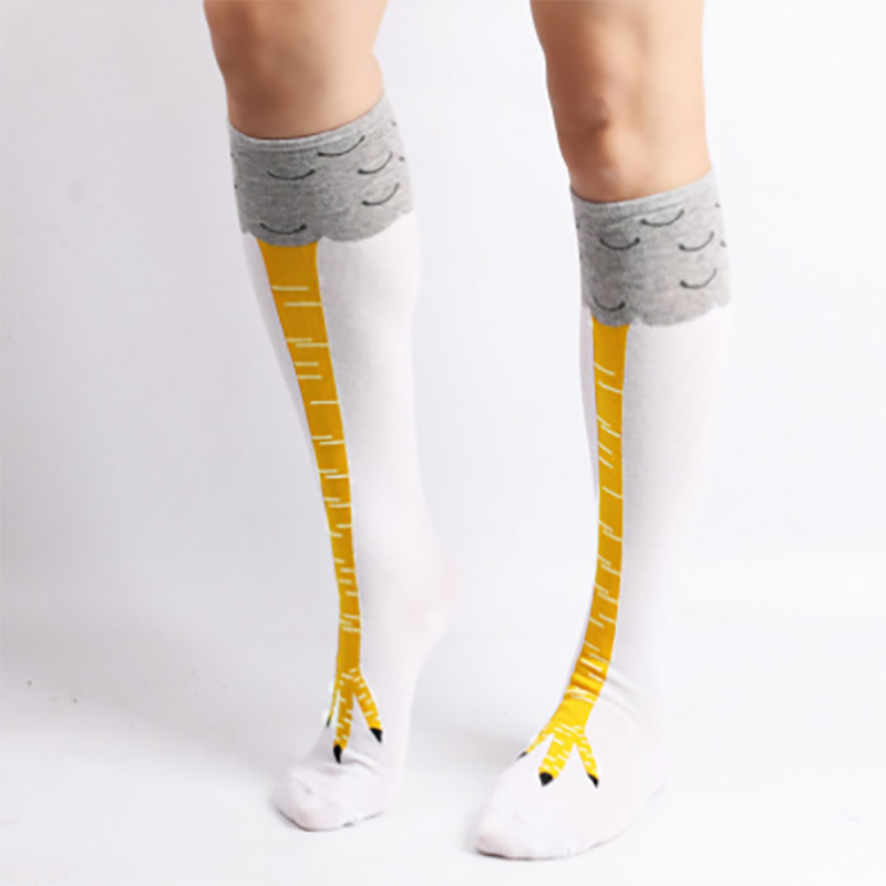 Bas à pattes de poulet pour femmes, chaussettes longues, chauffe-jambes, dessin animé drôle, griffe de jambe de poulet en coton, impression 3D, au-dessus du genou: white