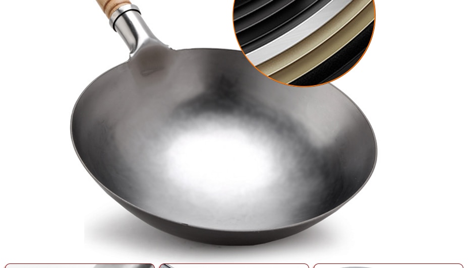 Hand Forged Iron Wok, Profession Chinese Traditional Wok Pan Household Kitchen Cookware with Wooden Handles, No Fumes, Non-Stick