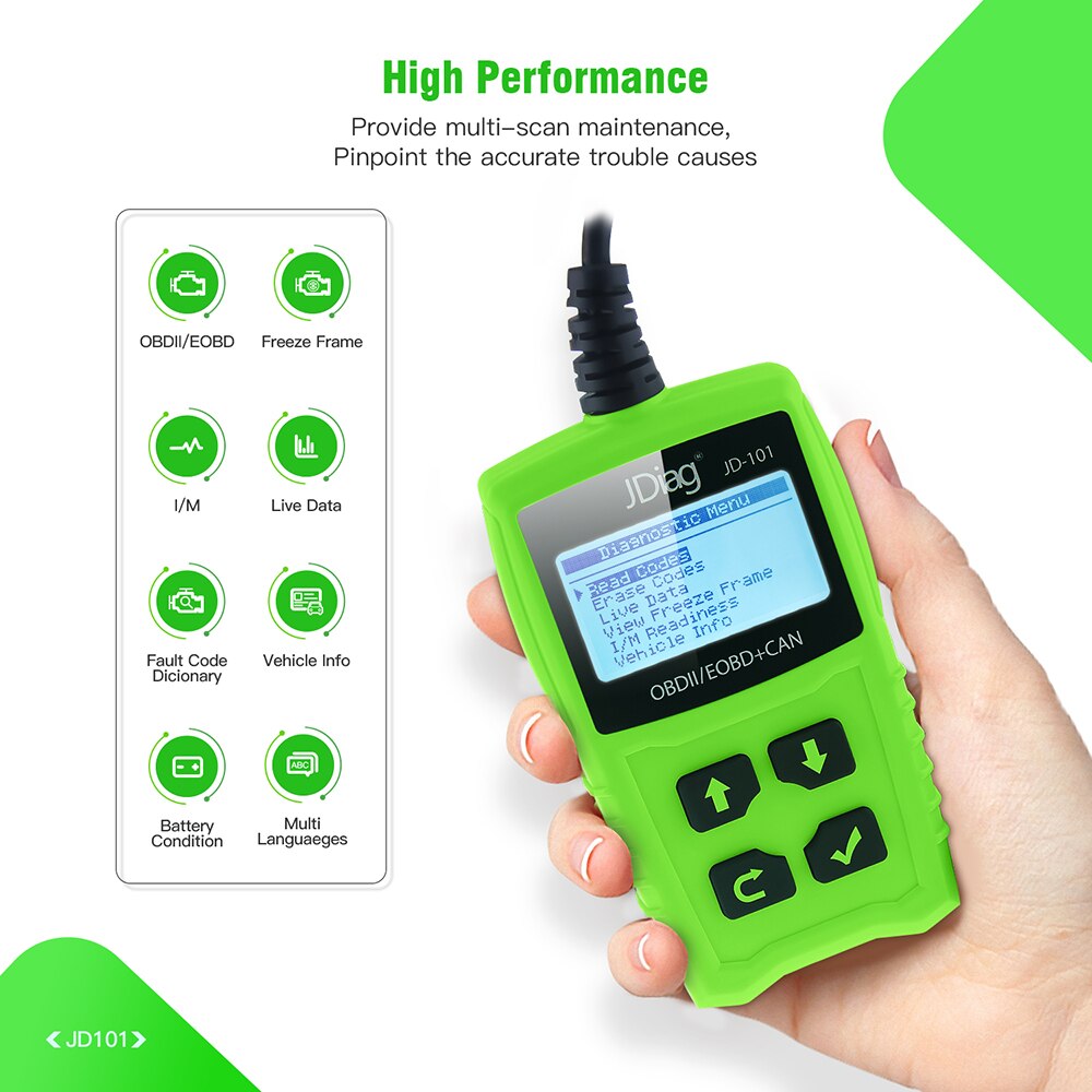 JDiag JD101 Auto Diagnostic Tool Code Reader Auto Scanner Engine Light Diagnostic Tool EOBD Scanner met Batterij Test PK AD310