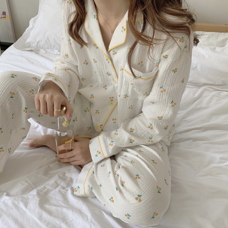 women cotton long sleeve pajamase set cherry home clothes lapel collar pocket shirts pants 2 piece set sleepwear home set Y112