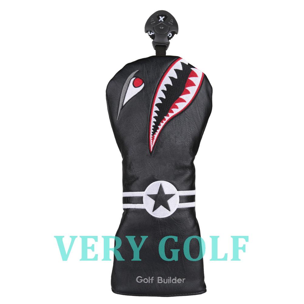 3 stuks zwart pu-leer met haaienborduursel golfclub driver fairway wood fw headcover golf  #1 #3 #5 wood headcover