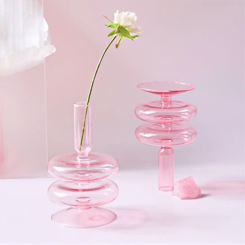 1pc Pink Glass Candle Holder Taper Candles Candlesticks Holder Wedding Table Centerpieces Nordic Home Decoration Vases