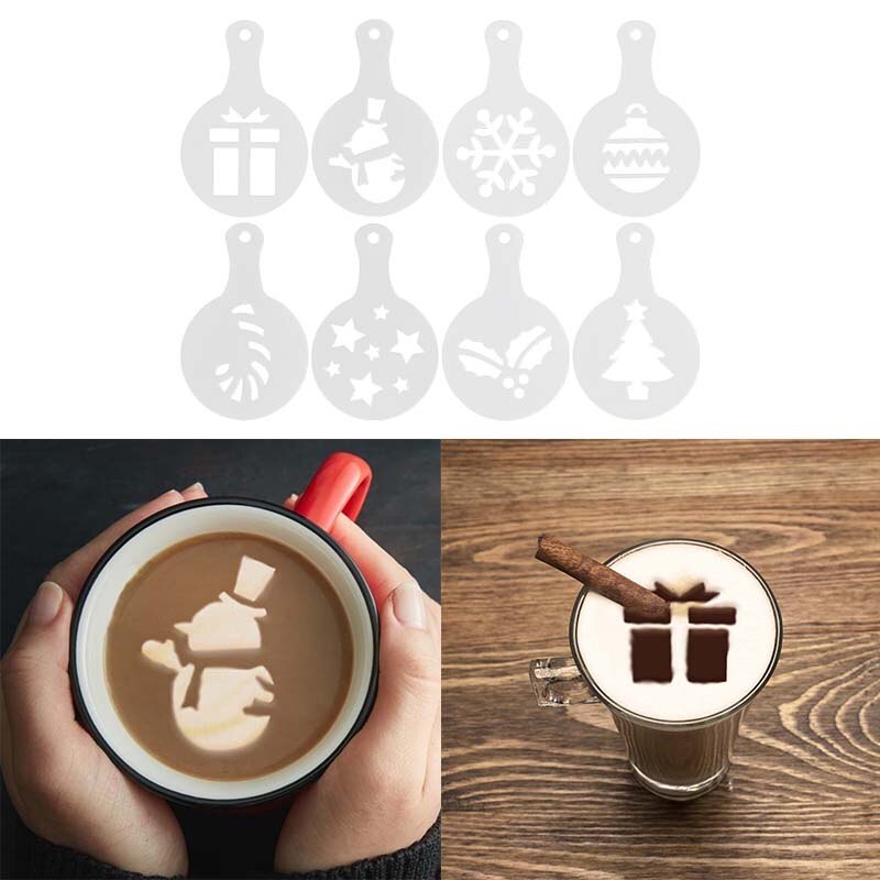 8pz natale cappuccino stampo caffè stampino fiocco di neve Latte stampino caffè stampa assemblaggio per forniture per feste di natale capodanno
