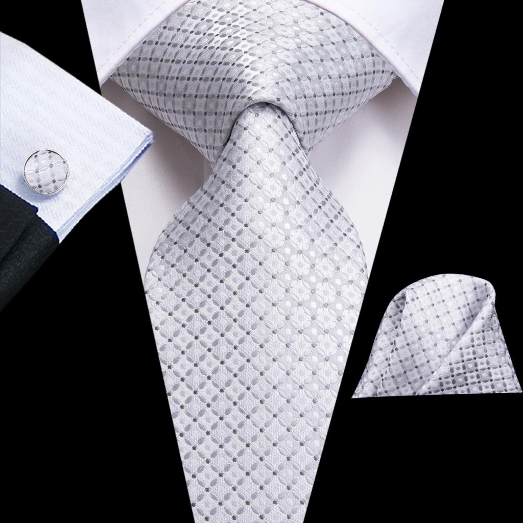 Wit Grijs Plaid Zijde Bruiloft Stropdas Voor Mannen Handky Manchetknoop Mens Stropdas Business Party Dropshiping Hi-tie