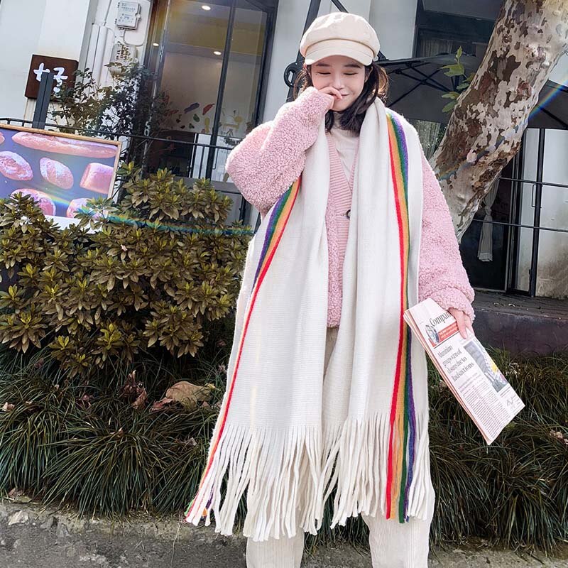 Novo designer arco-íris cachecol de caxemira feminino inverno quente xales pashmina macio listrado senhoras borla longo envoltório: White