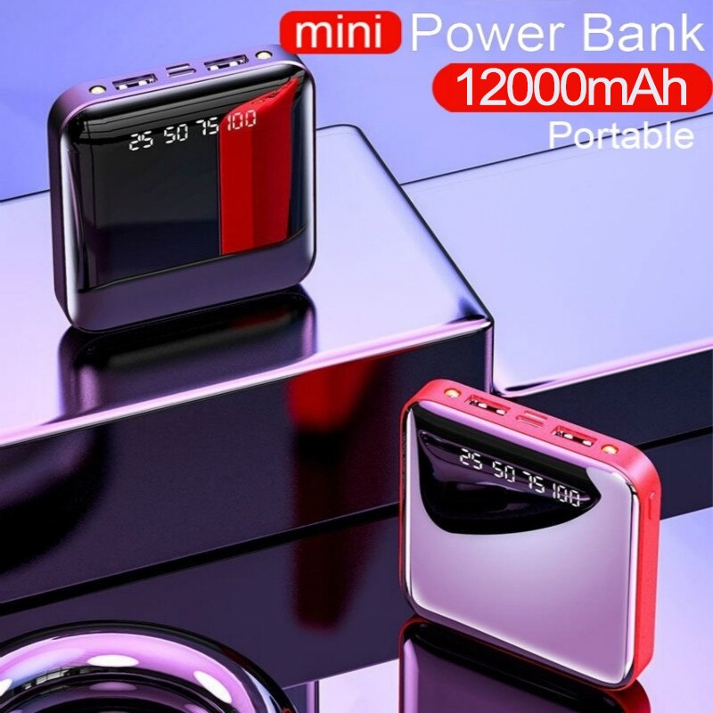 mini12000mAh moc Bank o dużej pojemności cyfrowy PowerBank podwójny USB opłata Powerbank zewnętrzna ładowarka USB doprowadziło światło Poverbank