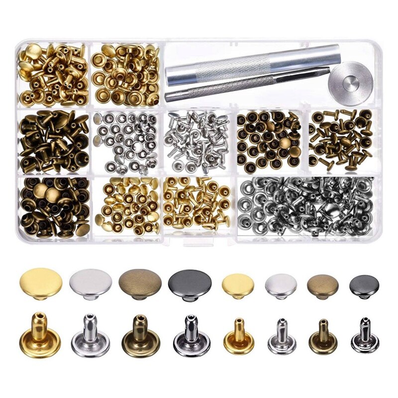 180 Sets 3 Maten Lederen Klinknagels Double Cap Klinknagel Buisvormige Metalen Studs Met 3 Stuks Setting Tool Kit Voor Leer craft