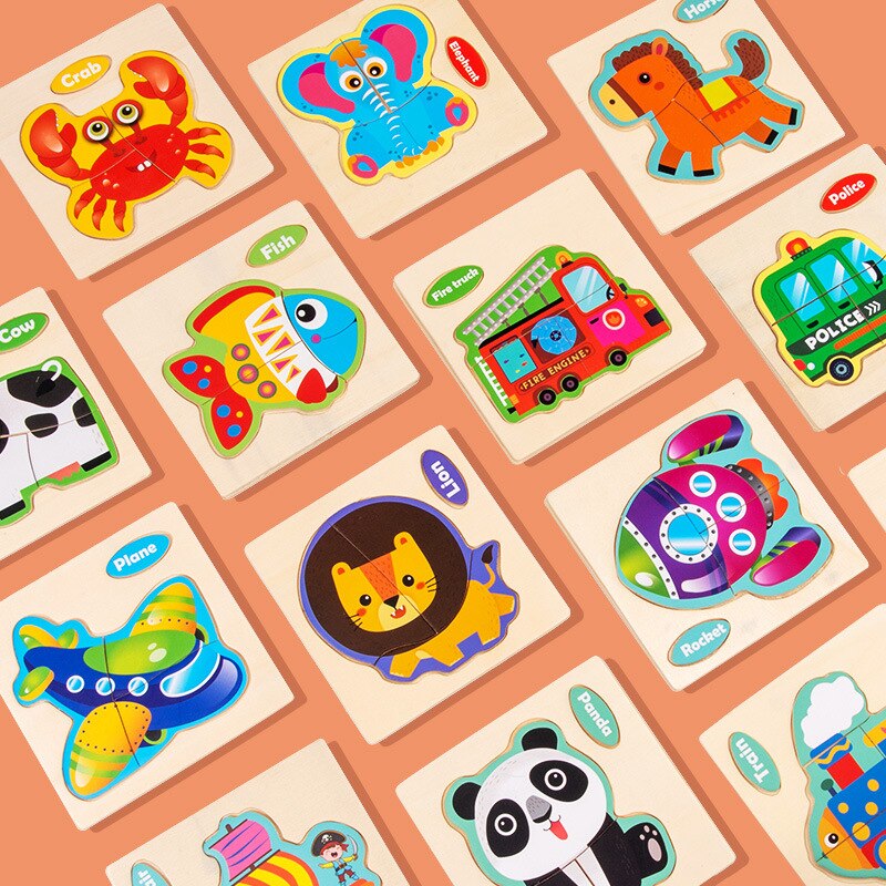 Cartoon Wooden Puzzle Children Animal/ Vehicle Jigsaw Toys 2-6 Year Baby Early Educational for Kids Game Fun Play