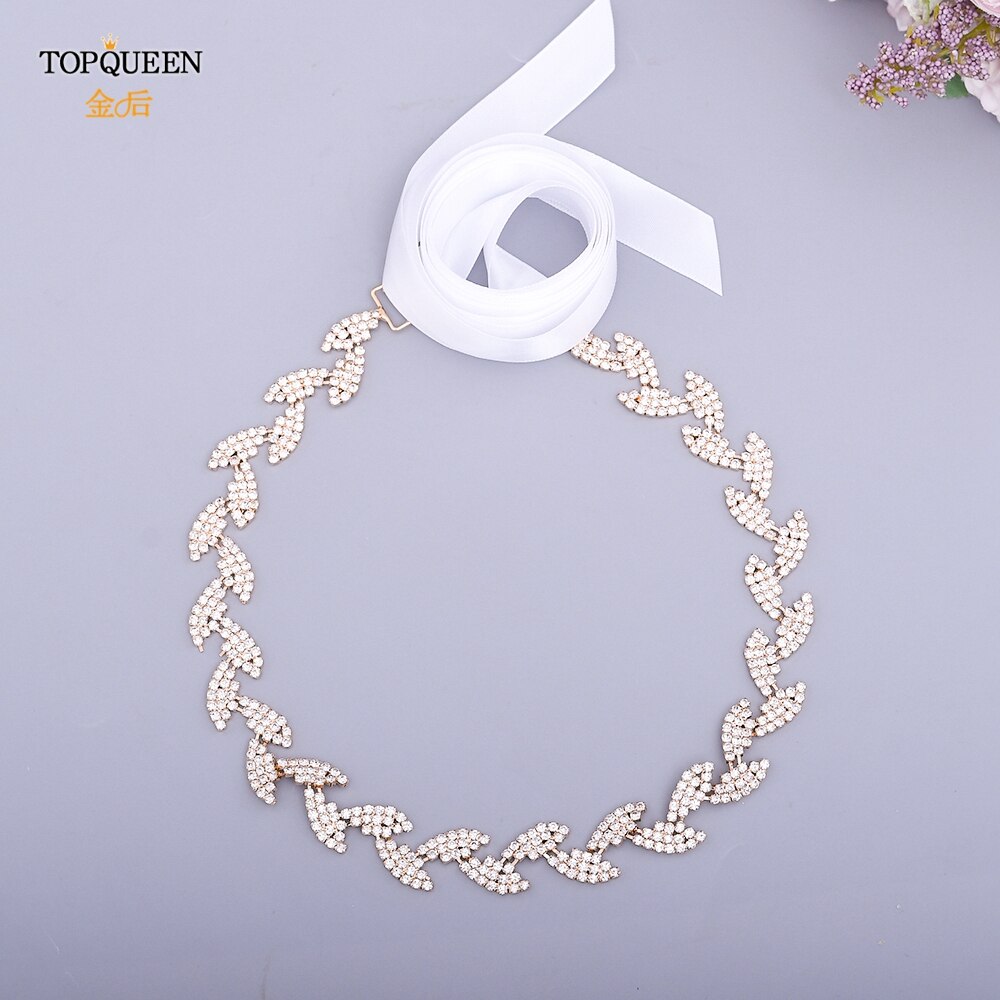 TOPQUEEN S198-G złoty pasek robić sukni ślubnej błyszczące stopu kryształ górski liście skrzydła kobiety diament akcesoria ślubne dla nowożeńców impreza pas: biały faborek