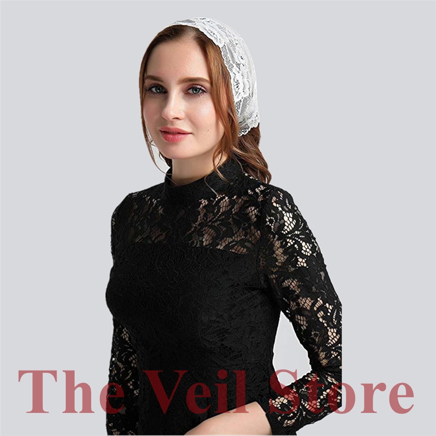 White Soft Stretch Lace Mantilla Chapel Veils for Church Tie style Headwrap Covering Headband Latin Mass Velo Mantilla de Novia