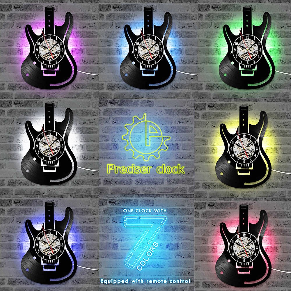 Płyta winylowa zegar ścienny gitara CD doprowadziło zegary antyczny instrument muzyczny Dom dekoracje kreatywny cichy wiszący zegarek dla miłośników muzyki: A z diodą led