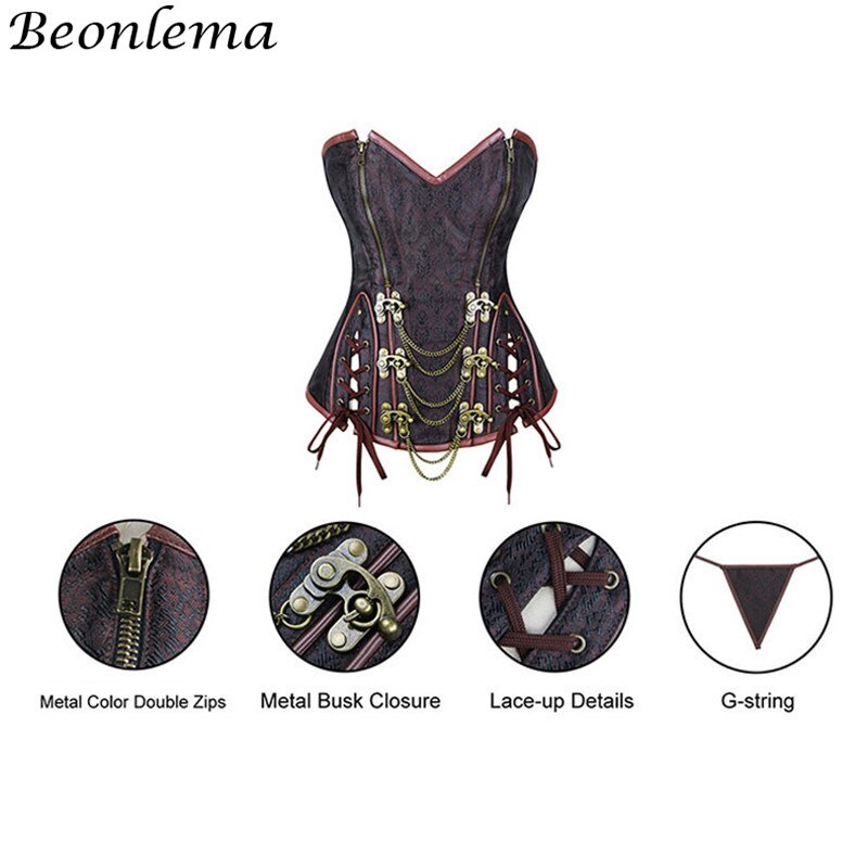 Beonlema steampunk korset vintage overbust korselet bustiers metal spænde kæde punk retro tøj brun 6xl corsage