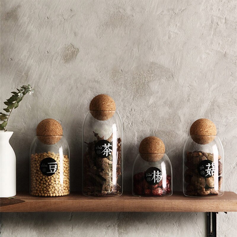 Bouteille ronde en verre de liège sans plomb, bocal scellé, stockage de noix, pot de grains de café rond transparent