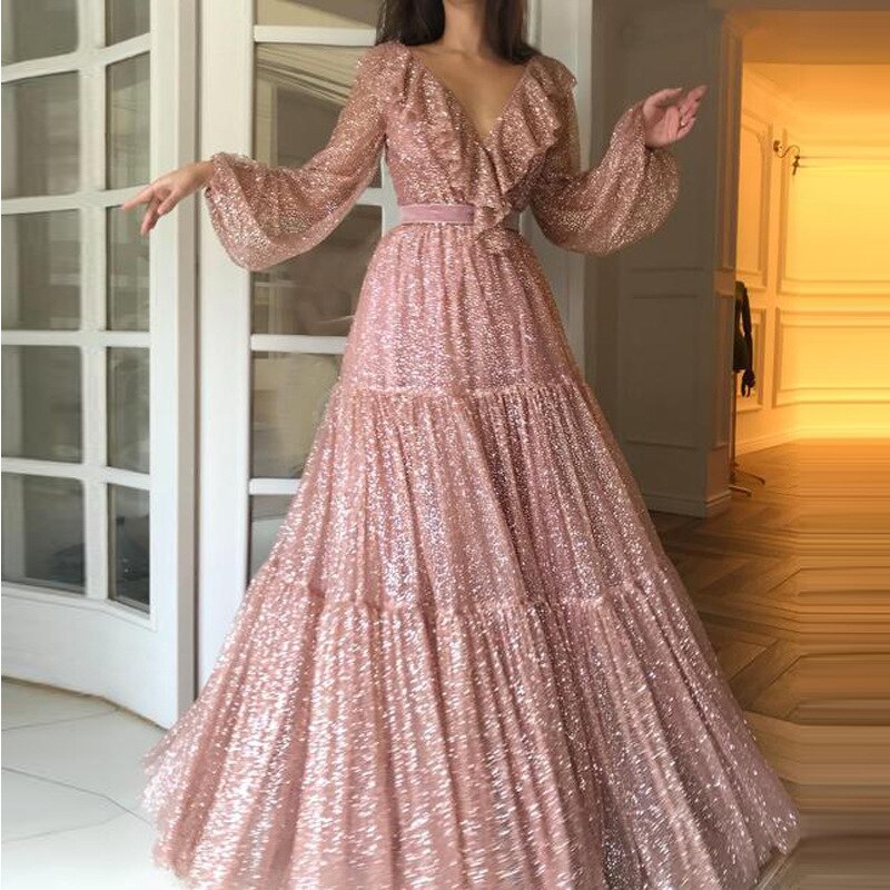 Blush Pink Prom Dresses Long Sleeve Bling Bling V Neck A Line Evening Gown Formal Dress Vestido De: 10