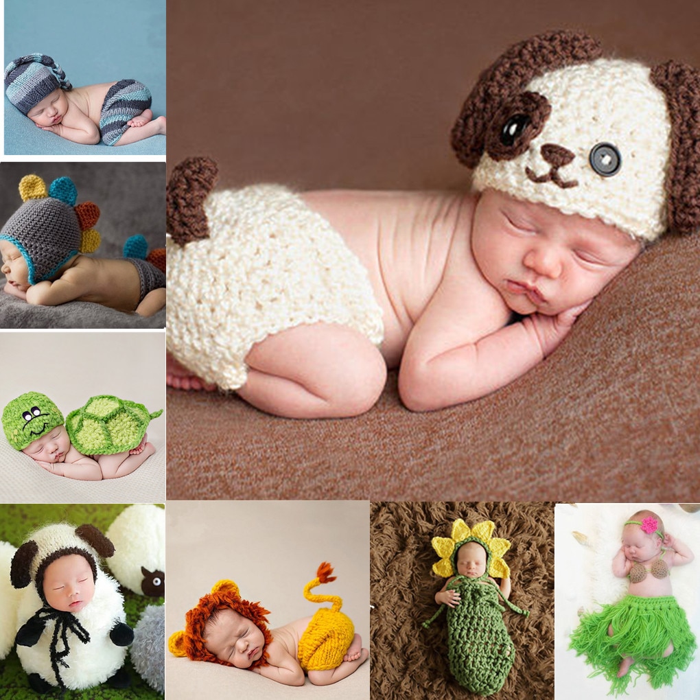 Handgemaakte baby dieren stijl foto prop outfit kleding wol breien haak fotografie hoed stoffen set