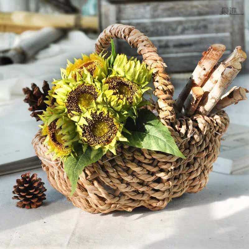 Straw Rope Woven Plastic Lining Woven Flower Basket Wicker Hamper Basket with Long Carry Handles, Natural