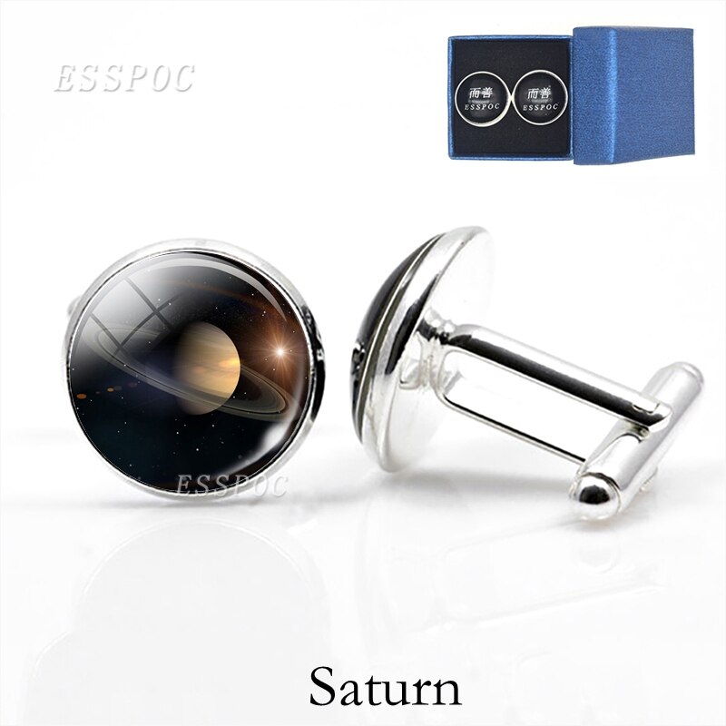 Solar- System Mond Mars Schmuck Männer der Manschettenknöpfe für Hemd Silber Überzogene Glas Cabochon Französisch Manschette Manschettenknöpfe Astronomie Schmuck: Saturn