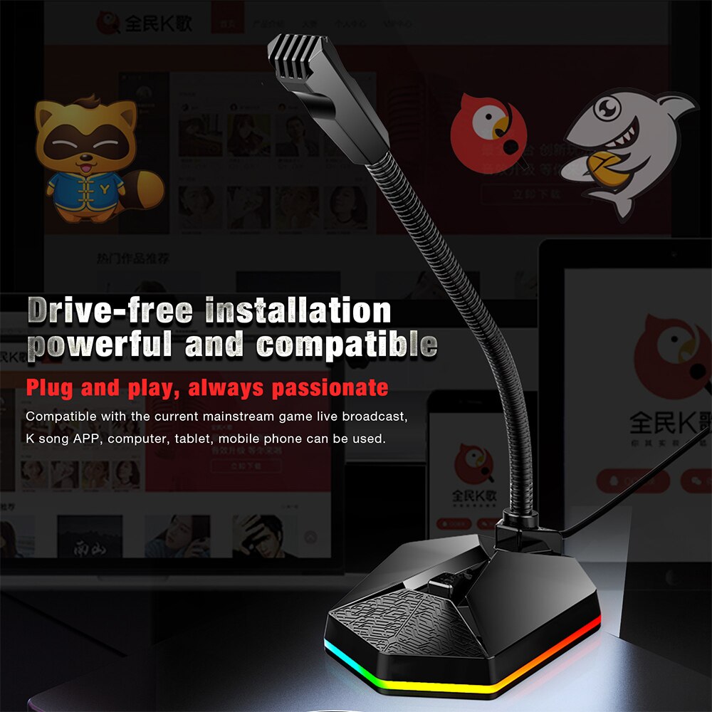 USB Computer Microphone Plug &Play Desktop Omnidirectional Condenser RGB Breathing Light USB Microphone for Computer Laptop PC