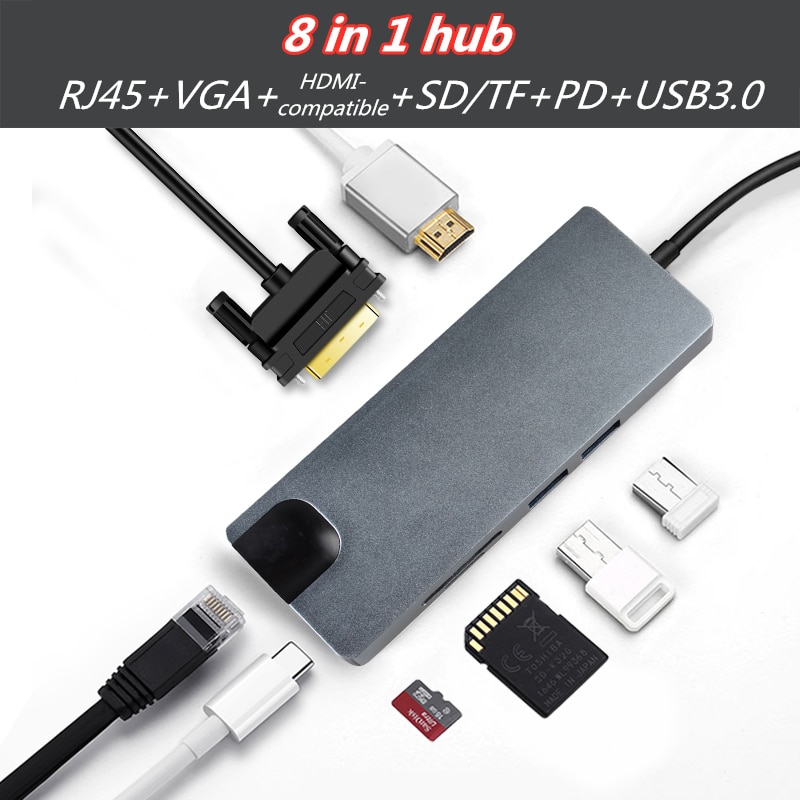 Hub USB C convertisseur Type C vers HDMI, 4K VGA RJ45 multi-usb 3.0 PD, Station d'accueil pour MacBook Pro