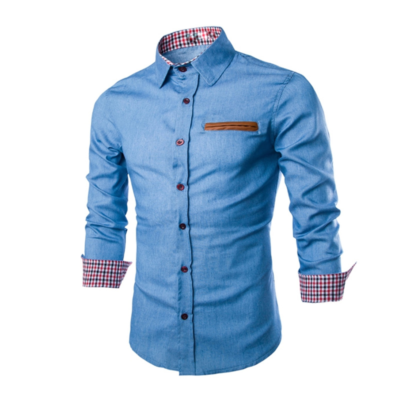 Men Denim Jeans Shirt Casual Long Sleeve Slim Fit Cotton Tops Shirts JS26: Light Blue / M