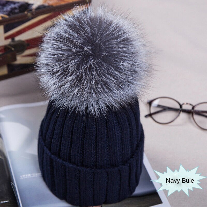 Kvinner pels pom pom ball strikk vinter varm hekle posete boble lue lue beret ski lokk varm: Marineblå