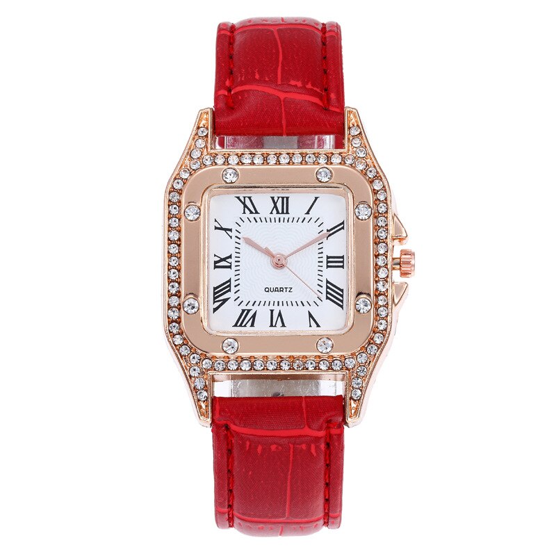 Vierkante Luxe Diamant Vrouwen Horloges Set Lederen Dames Horloge Waterdicht Vrouwelijke Quartz Horloge Relogio Feminino Reloj Mujer: red