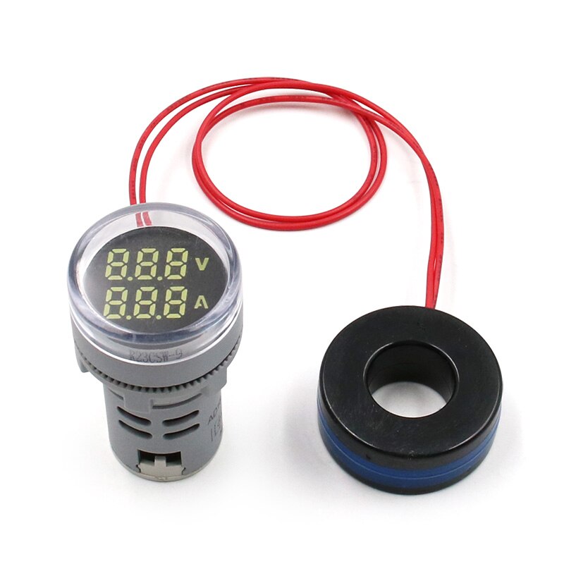 Rund mini digital voltmeter amperemeter 22mm ac 20-500v 0-100a amp volt spændingstester meter dobbelt led indikator pilot lampe lys: Hvid